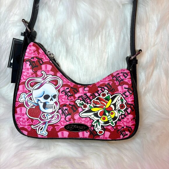 NEW Ed Hardy Hobo Shoulder Bag Skull Butterfly Print Pink Black - Picture 2 of 7